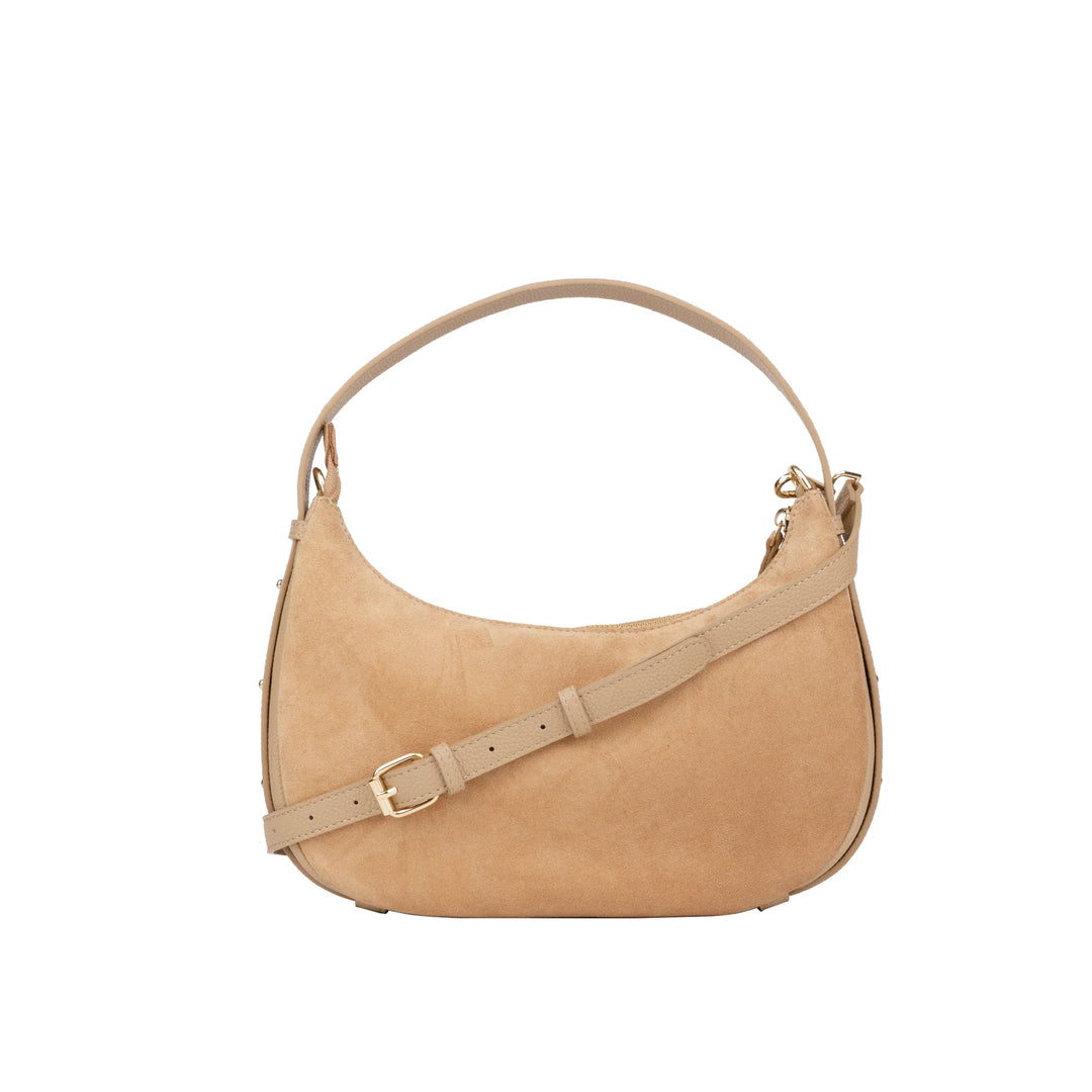 Voorkant met schouderriem Bellicci Rhea kleine suede schoudertas #kleur_mushroom