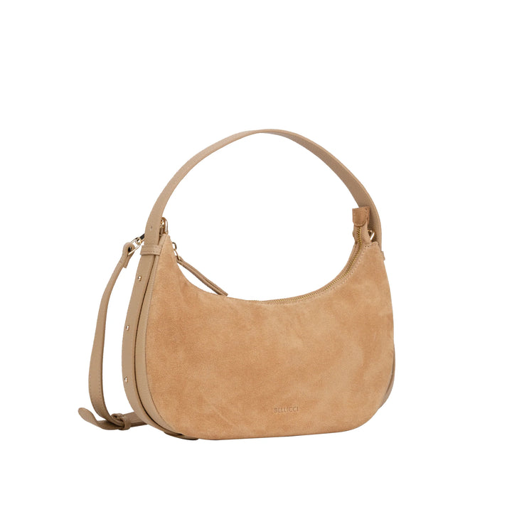 Voorzijde Bellicci Rhea kleine suede schoudertas #kleur_mushroom