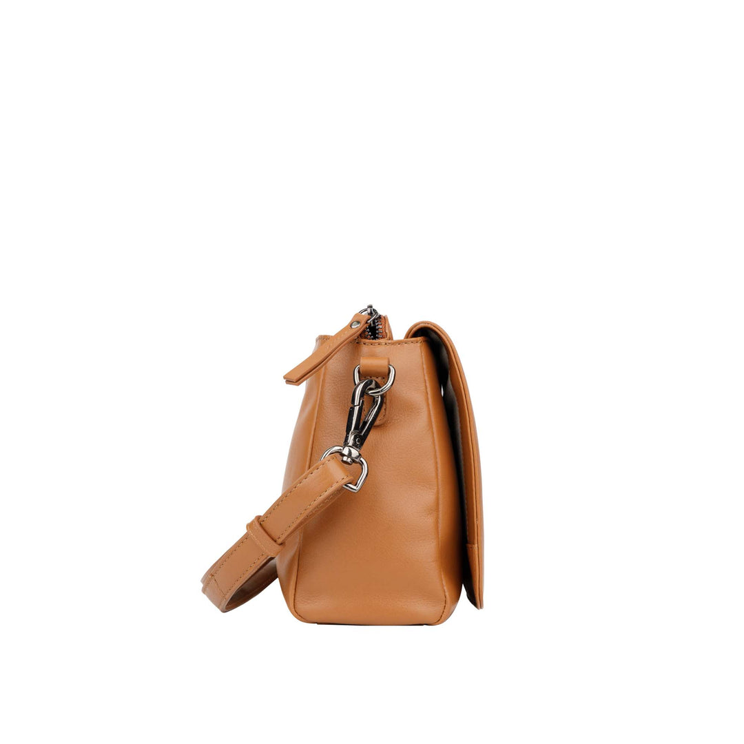 Zijkant Bellicci Pauline leren schoudertas #kleur_cognac