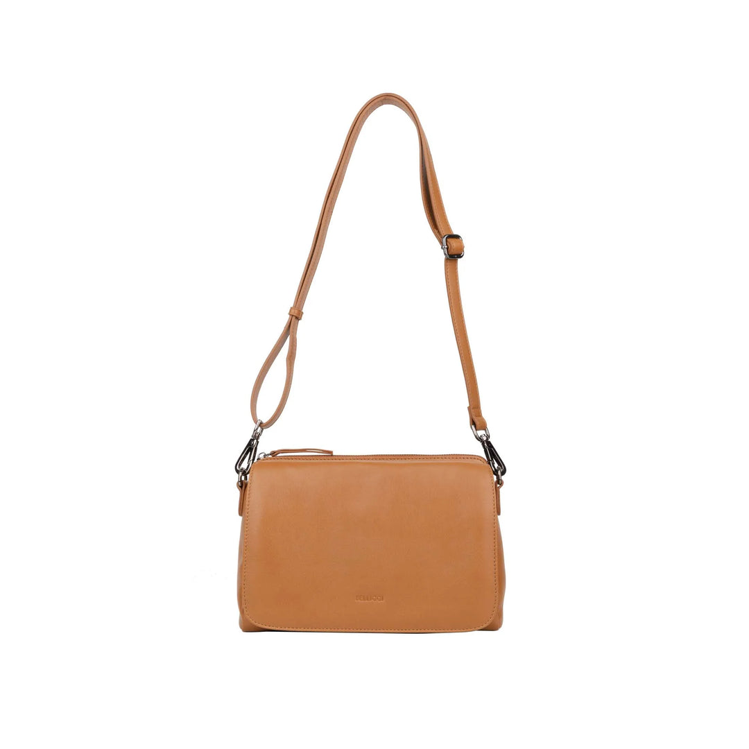Voorkant met schouderriem Bellicci Pauline leren schoudertas #kleur_cognac