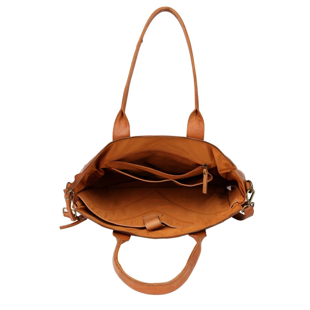 Binnenkant van de Bellicci Greselle leren werktas in het cognac #kleur_cognac