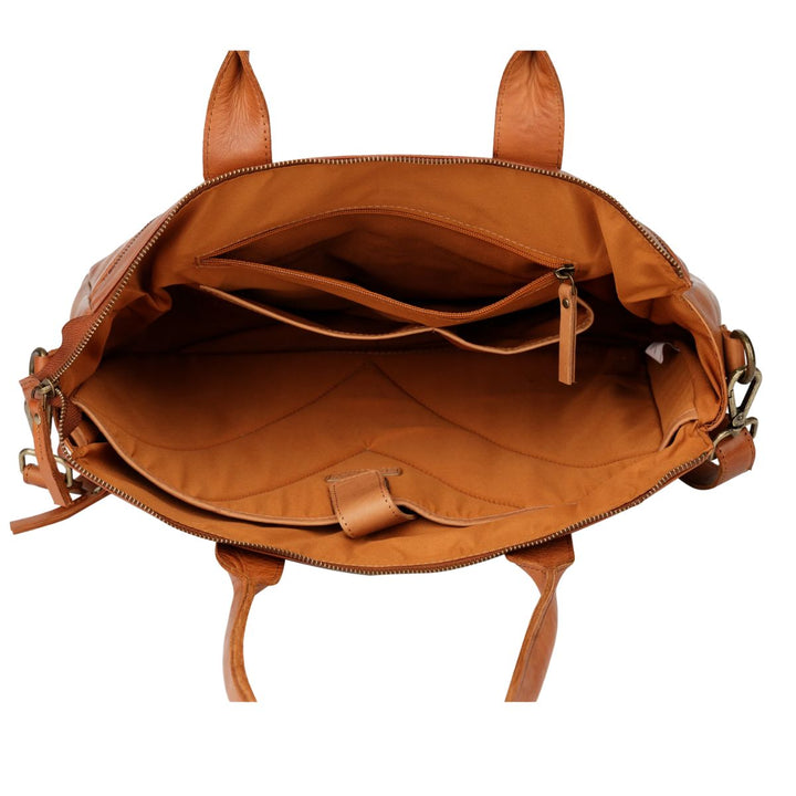 Binnenkant van de Bellicci Greselle leren werktas in het cognac #kleur_cognac