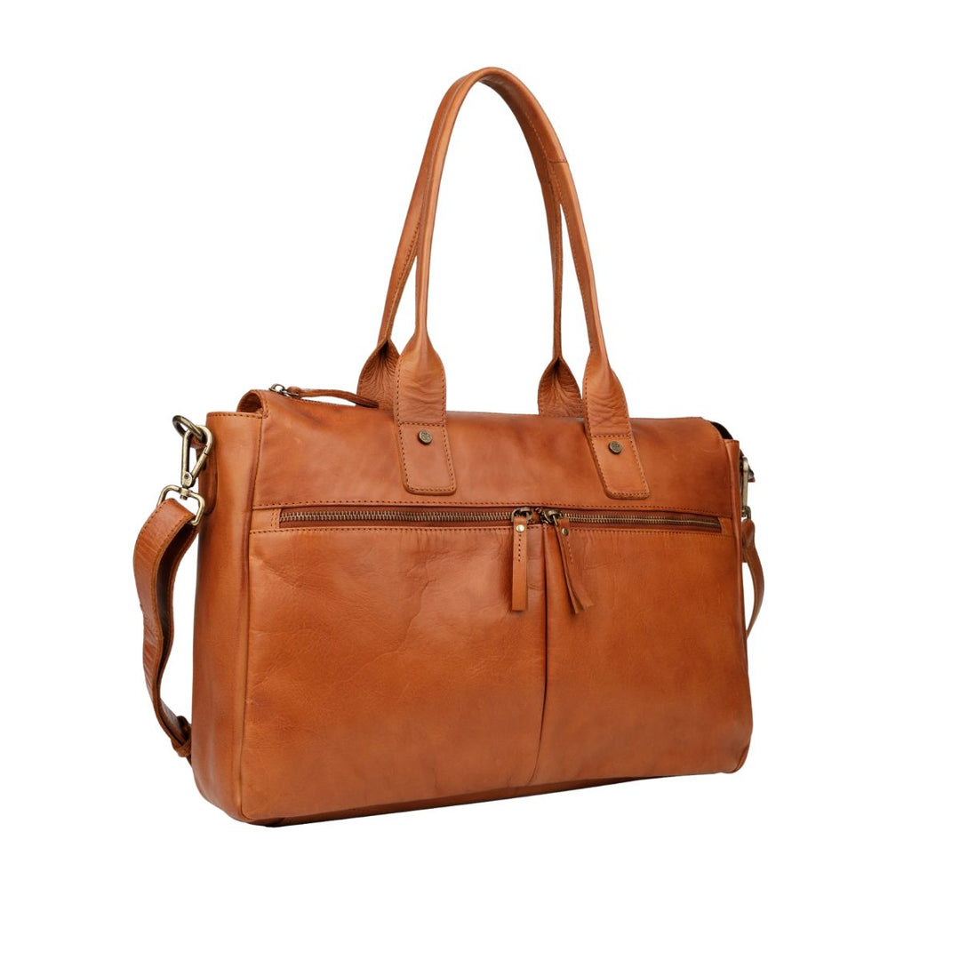 Voorzijde van de Bellicci Greselle leren werktas in het cognac #kleur_cognac