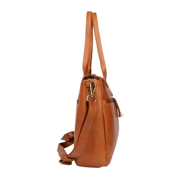 Zijkant van de Bellicci Greselle leren werktas in het cognac #kleur_cognac