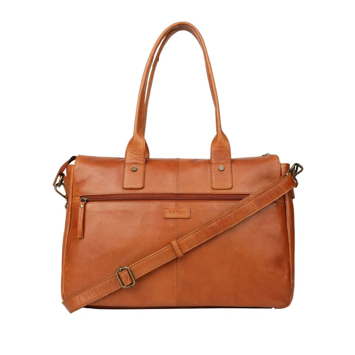 Achterkant van de Bellicci Greselle leren werktas in het cognac #kleur_cognac