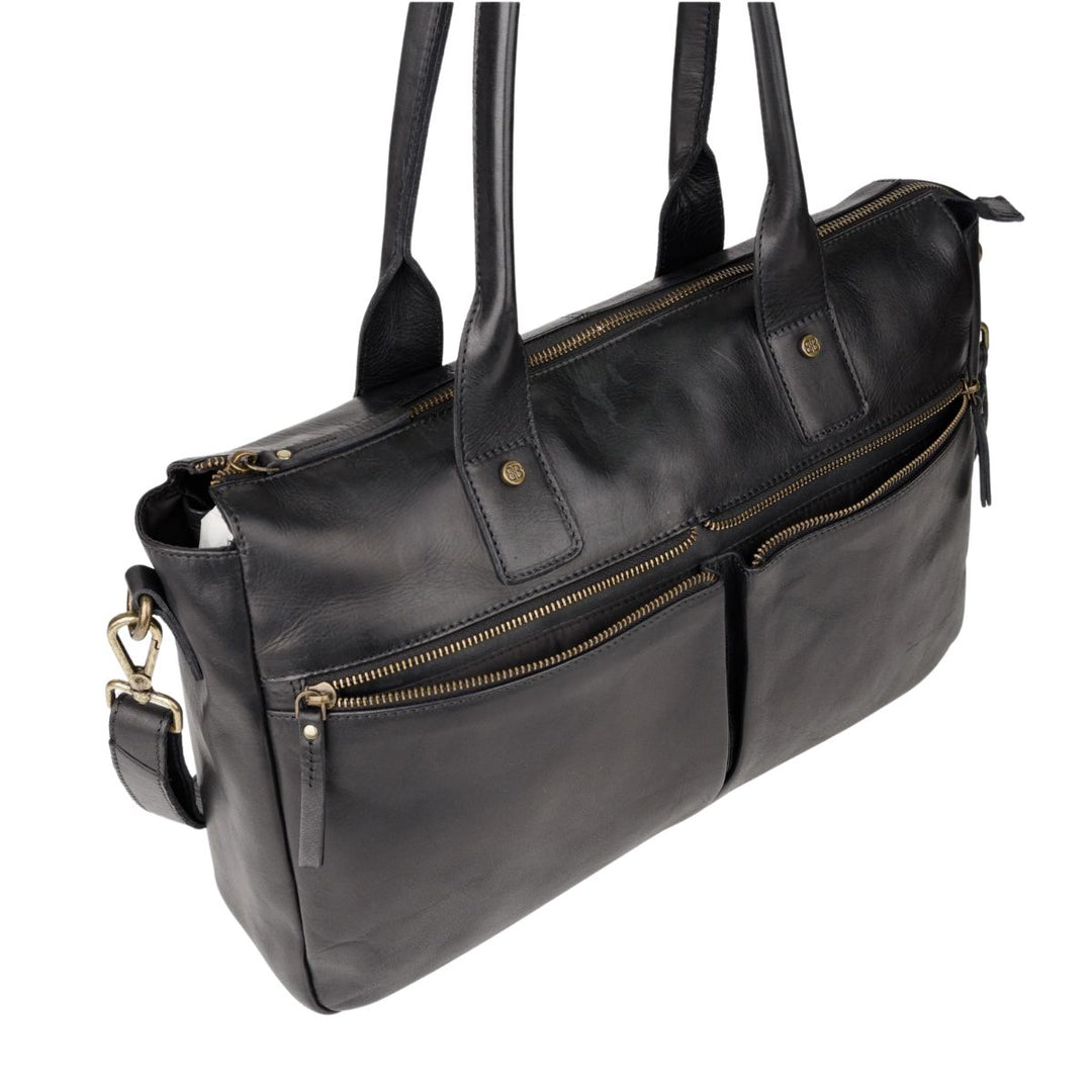 Voorzijde van de Bellicci Greselle leren werktas in het zwart #kleur_zwart