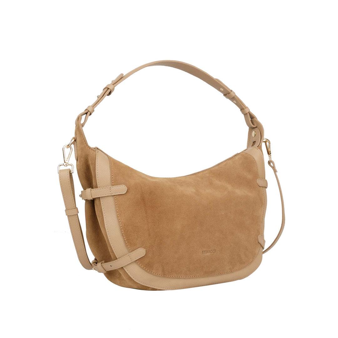 Voorzijde Bellicci Raviera suede schoudertas #kleur_mushroom