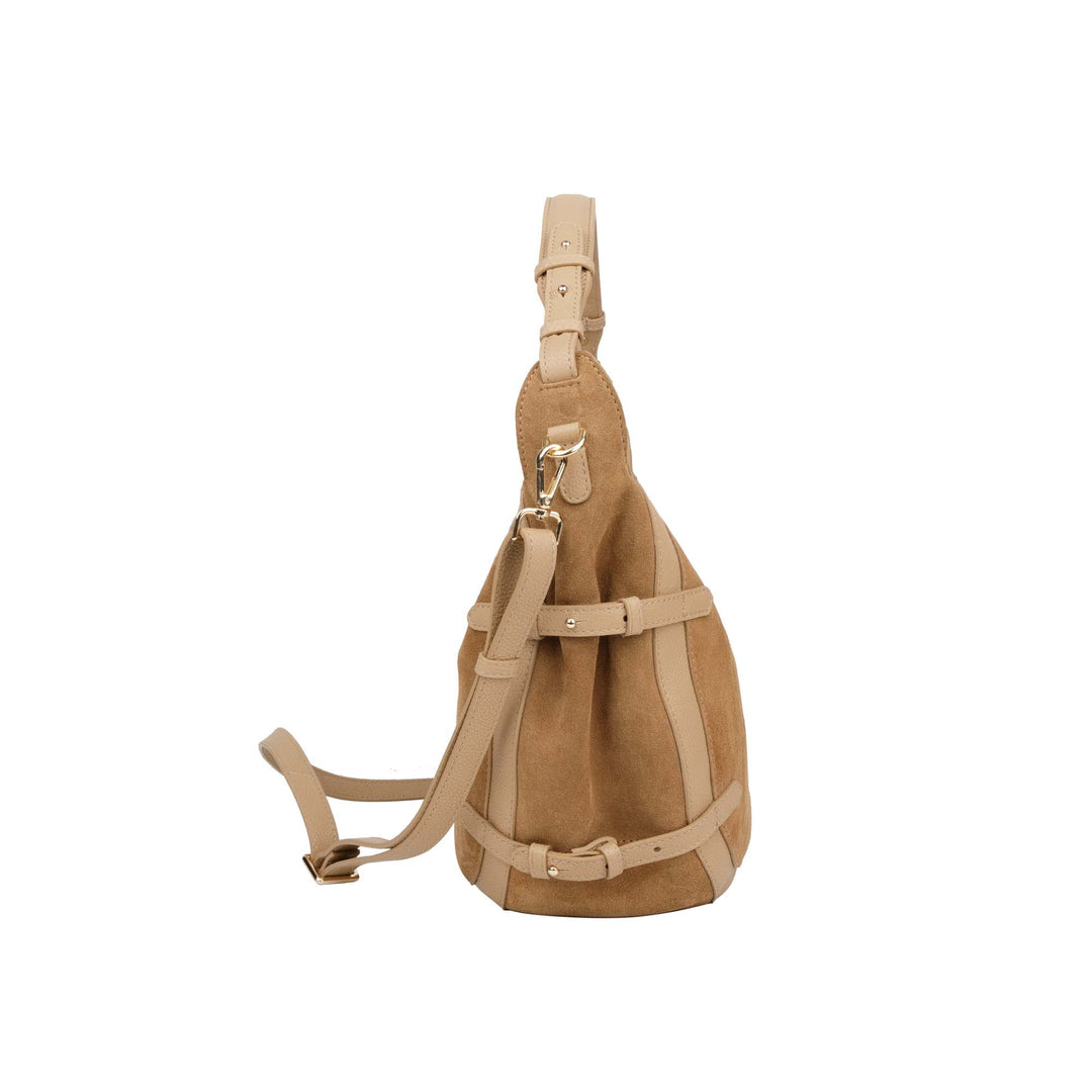 Zijkant Bellicci Raviera suede schoudertas #kleur_mushroom
