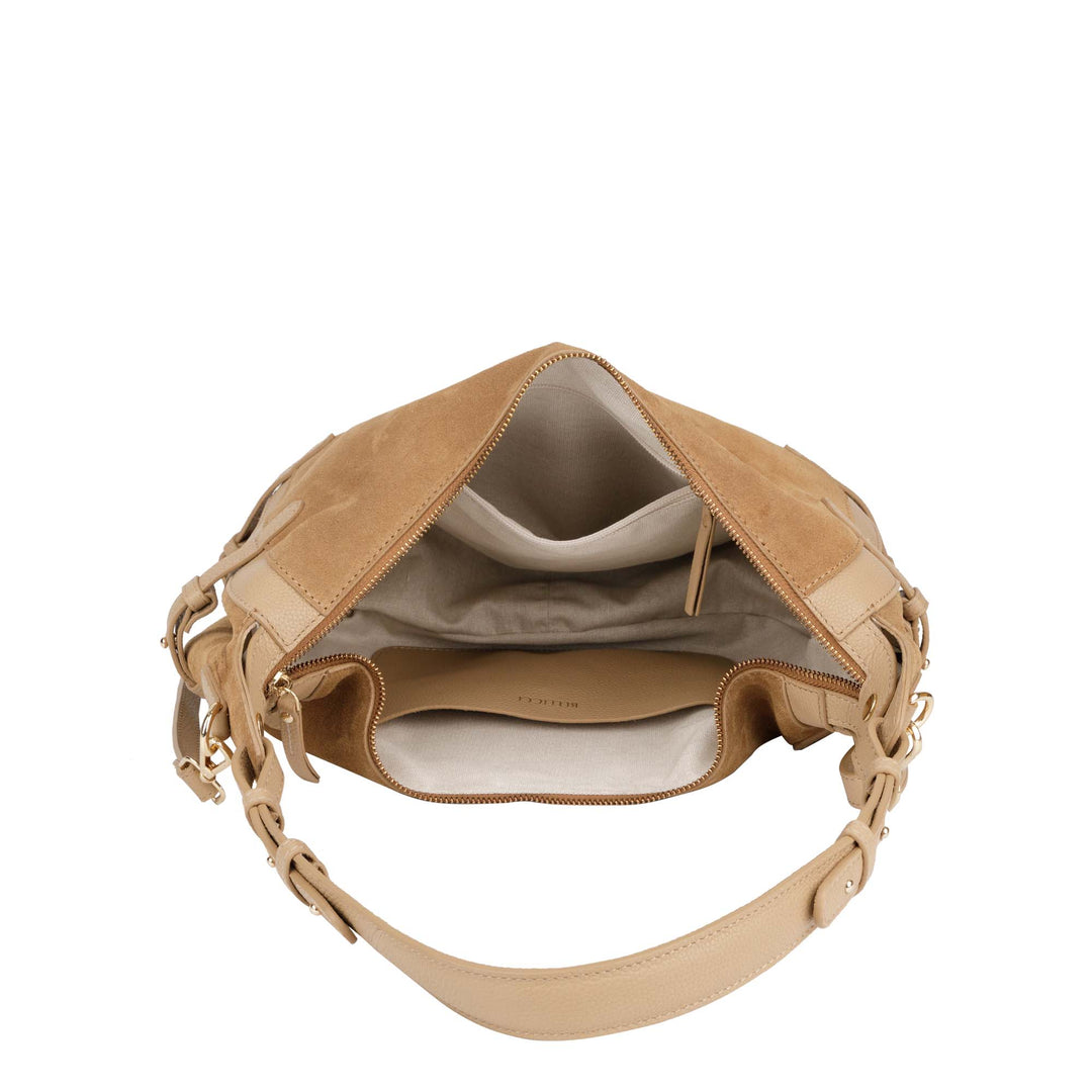 Binnenkant Bellicci Raviera suede schoudertas #kleur_mushroom