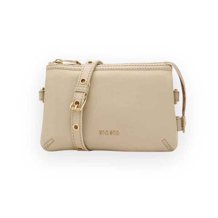 Voorkant van de kleine leren dames crossover tas in het ecru #kleur_ecru