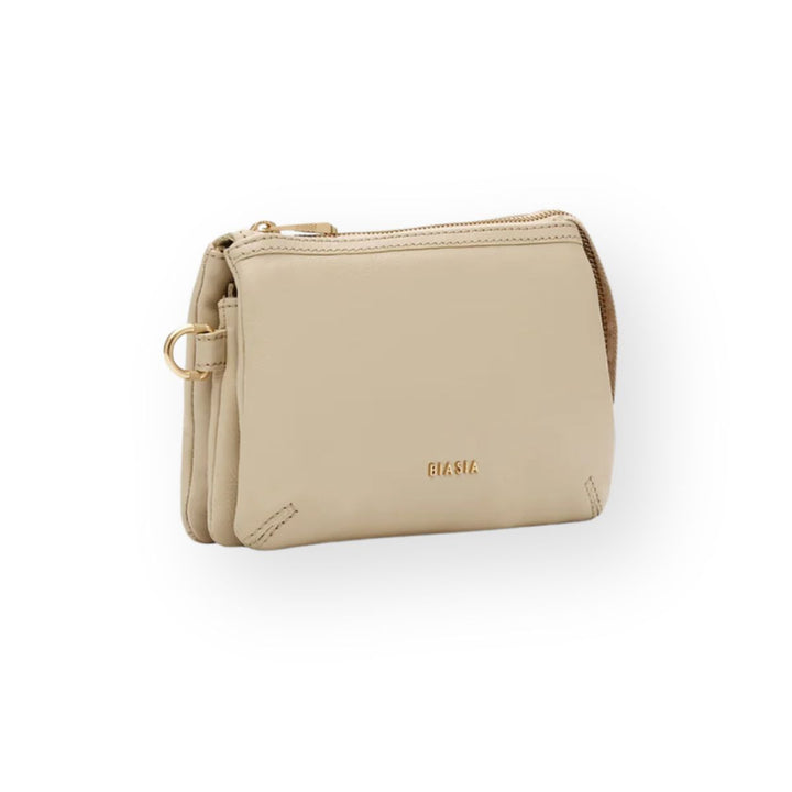 Voorzijde van de kleine leren dames crossover tas in het ecru #kleur_ecru