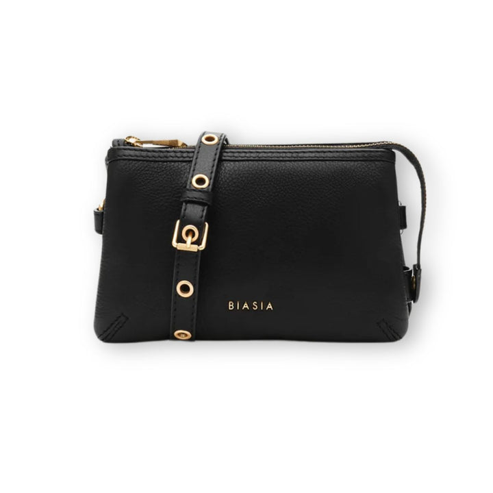 Voorkant van de kleine leren dames crossover tas in het zwart #kleur_zwart