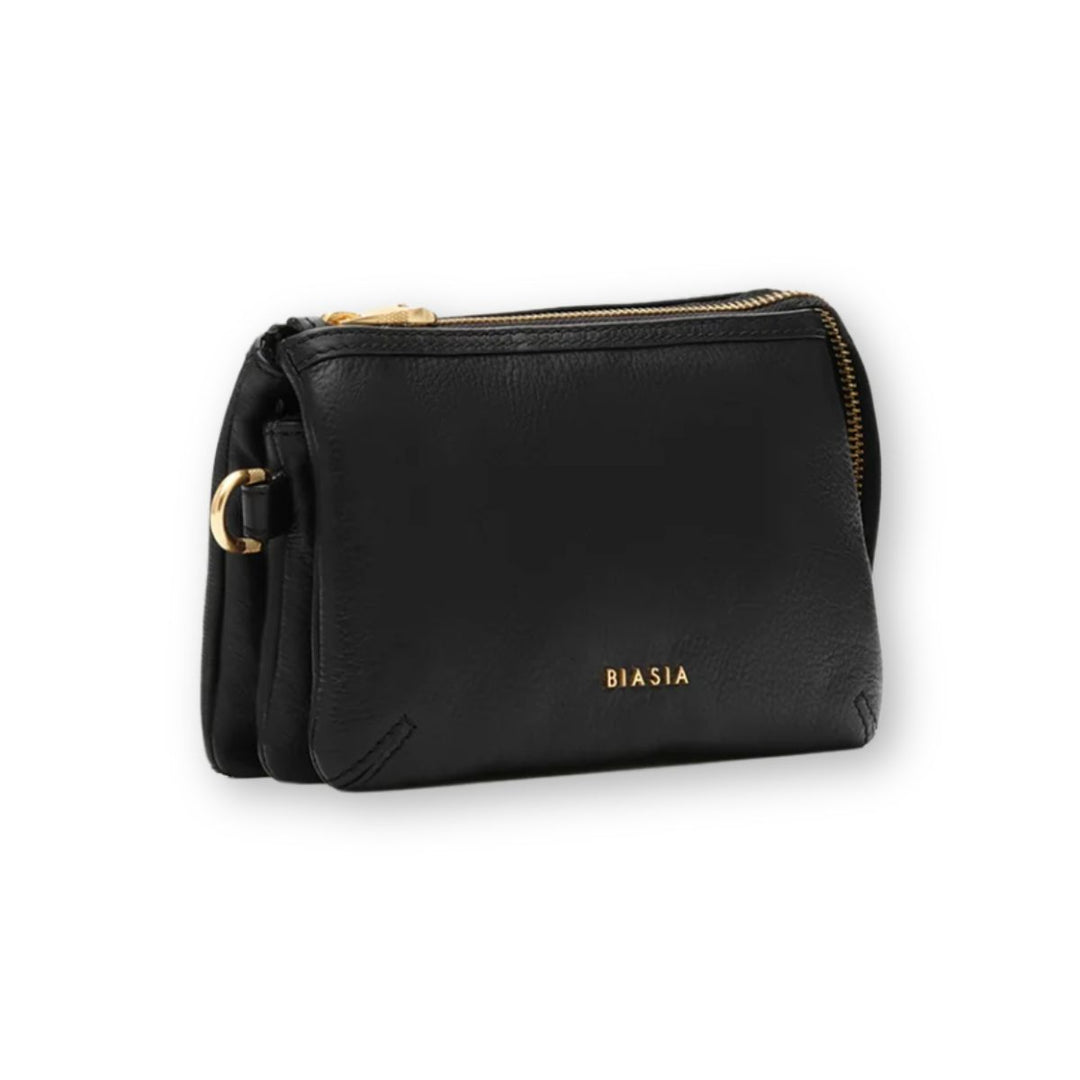 Voorzijde van de kleine leren dames crossover tas in het zwart #kleur_zwart