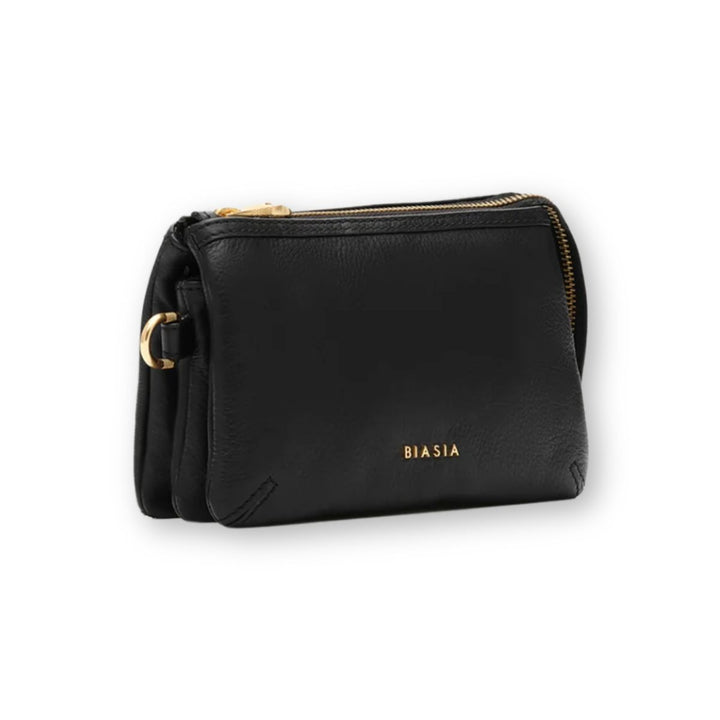 Voorzijde van de kleine leren dames crossover tas in het zwart #kleur_zwart