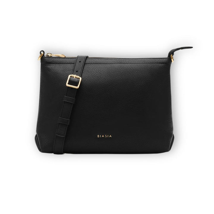 Voorkant van de BIBP9FA01 leren crossover flat bag in het zwart #kleur_zwart