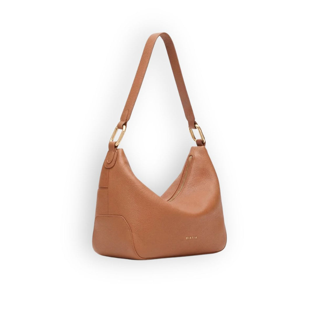 Voorzijde van de Biasia leren schoudertas in cognac #kleur_cognac