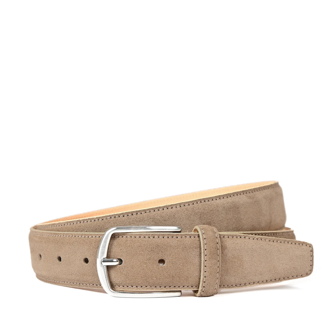Voorkant van de Castelijn en Beerens suede riem in het taupe #kleur_taupe