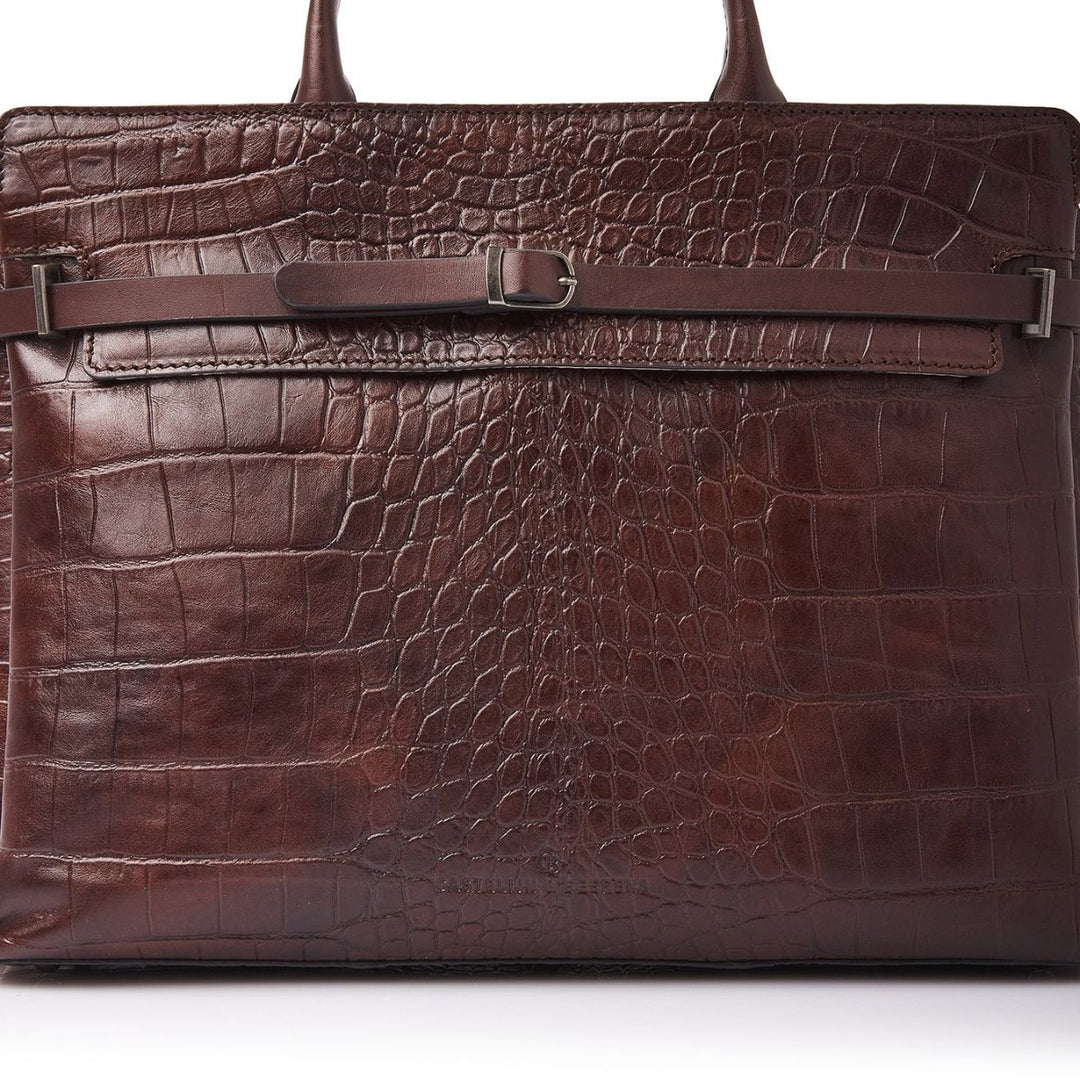Voorkant van de Castelijn en Beerens Kaat dames werktas in cognac #kleur_croco-cognac