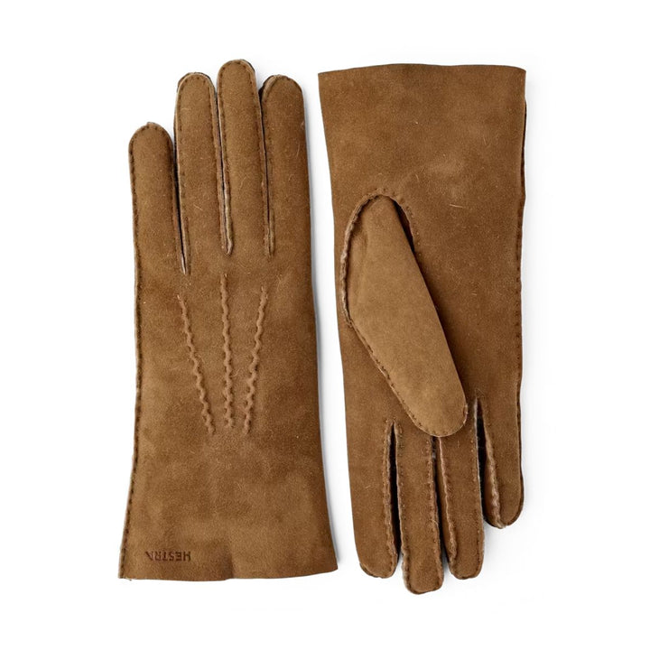 Voorkant en achterkant van de Bernadette Hestra handschoen in het bruin #kleur_bruin
