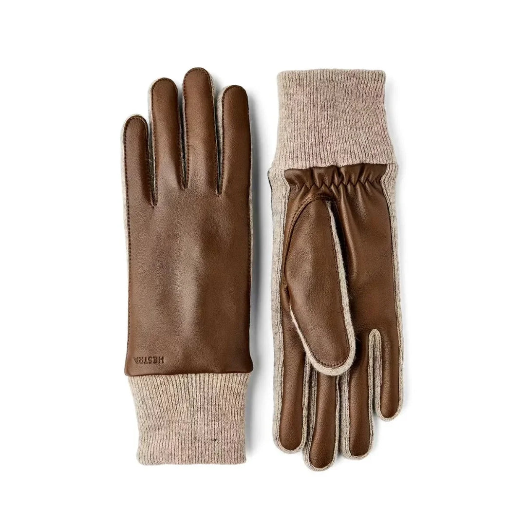 Voorkant en achterkant van de Hestra Jeanne dames handschoenen in het donkerbruin #kleur_donkerbruin