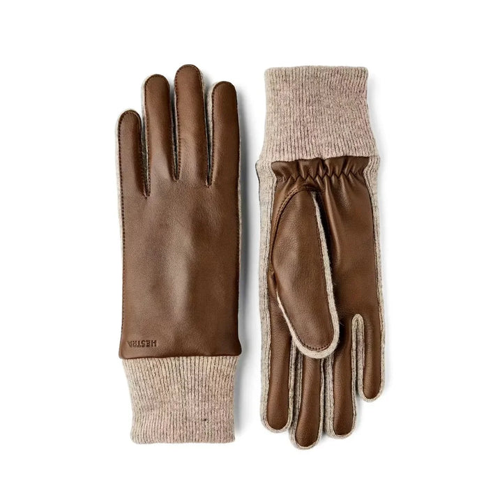 Voorkant en achterkant van de Hestra Jeanne dames handschoenen in het donkerbruin #kleur_donkerbruin