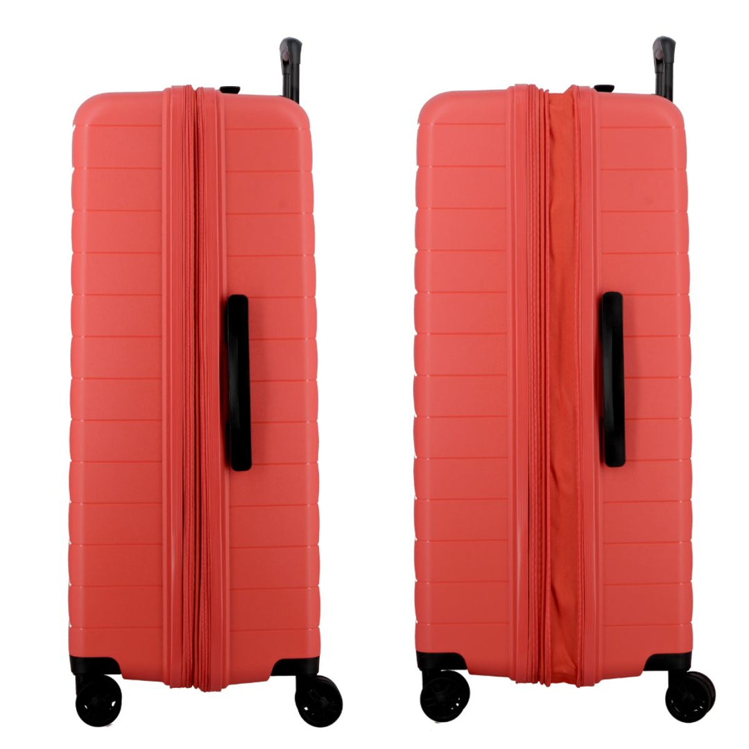 Zijkant met en zonder expanable van de Jump Striper 77 expandable koffer Koraal #kleur_koraal