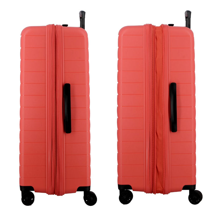 Zijkant met en zonder expanable van de Jump Striper 77 expandable koffer Koraal #kleur_koraal