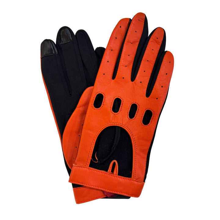 Voorkant en achterkant van de Kessler autorij handschoen in het oranje #kleur_oranje