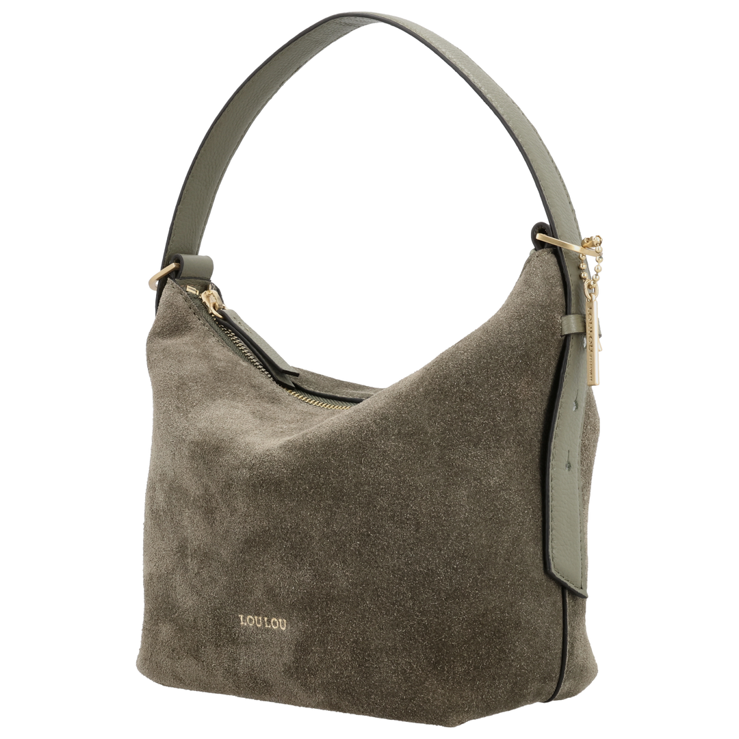 Voorzijde van de LOULOU Lois Suede schoudertas #kleur_sage