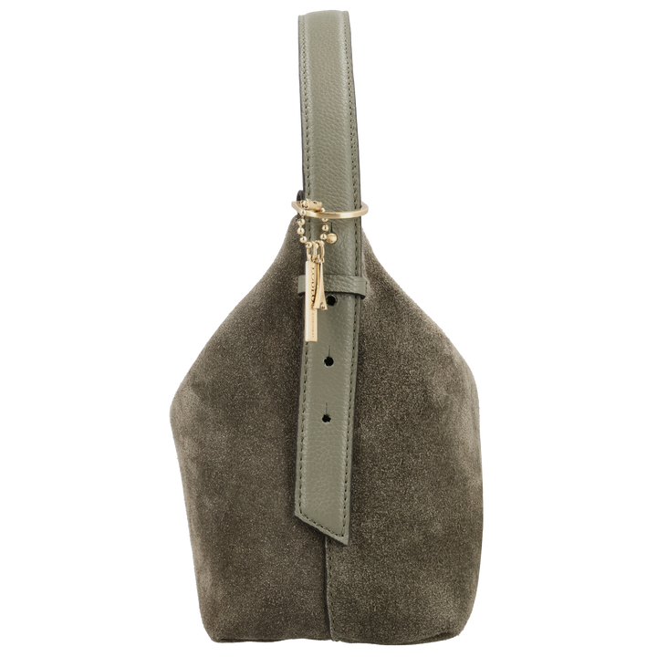 Zijkant van de LOULOU Lois Suede schoudertas #kleur_sage