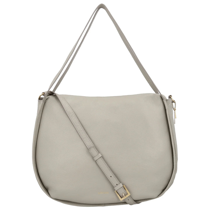 Voorkant met schouderriem van de Lou Lou LOU schoudertas tas in fog #kleur_fog