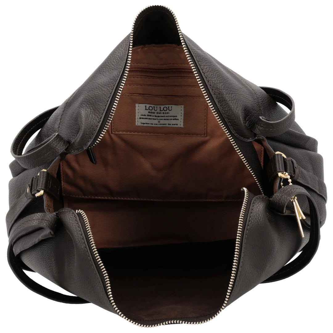 Binnenkant van de Lou Lou LOU schoudertas tas in chocolade #kleur_chocolade