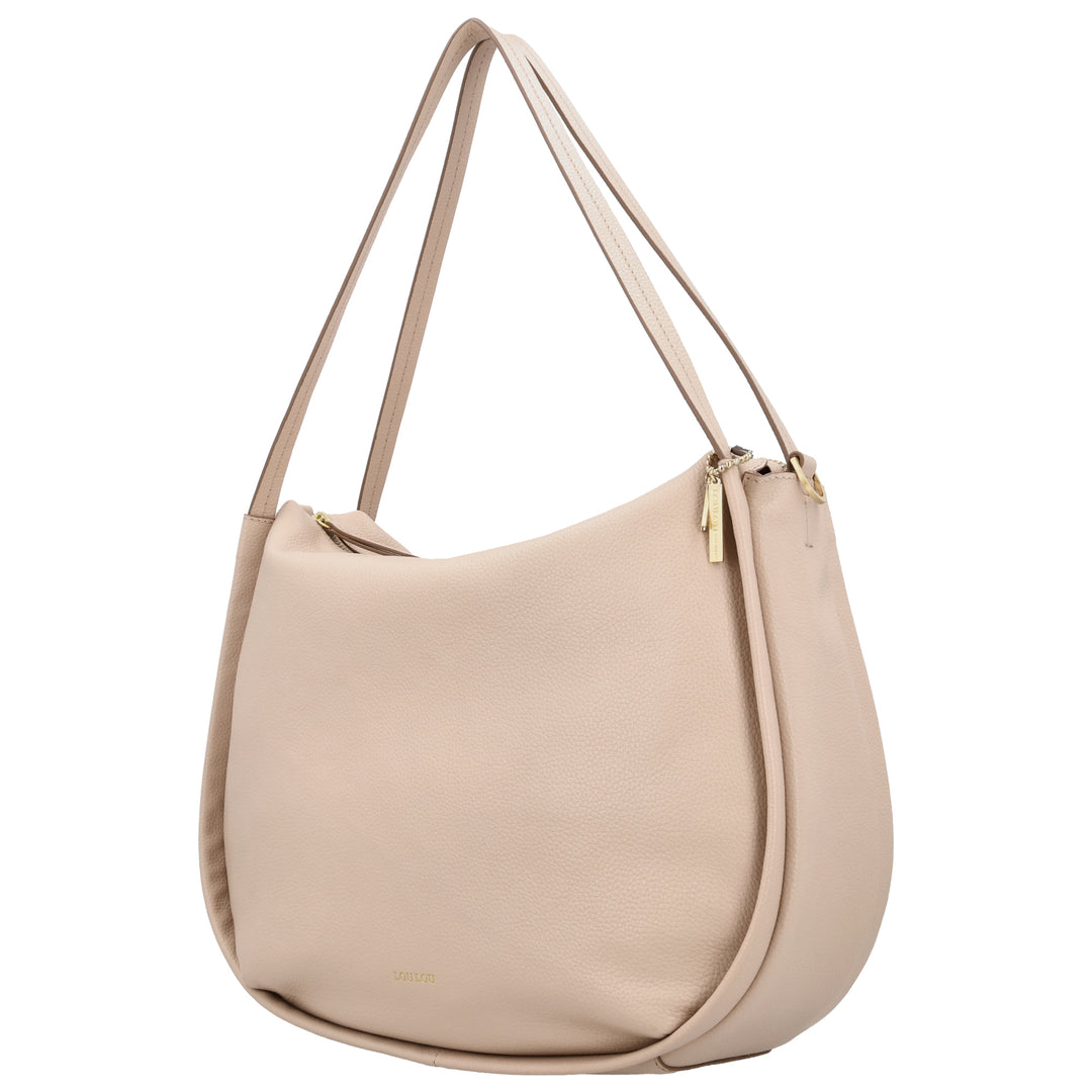 Voorzijde van de LouLou LOU L schoudertas in de kleur cashmere #kleur_cashmere