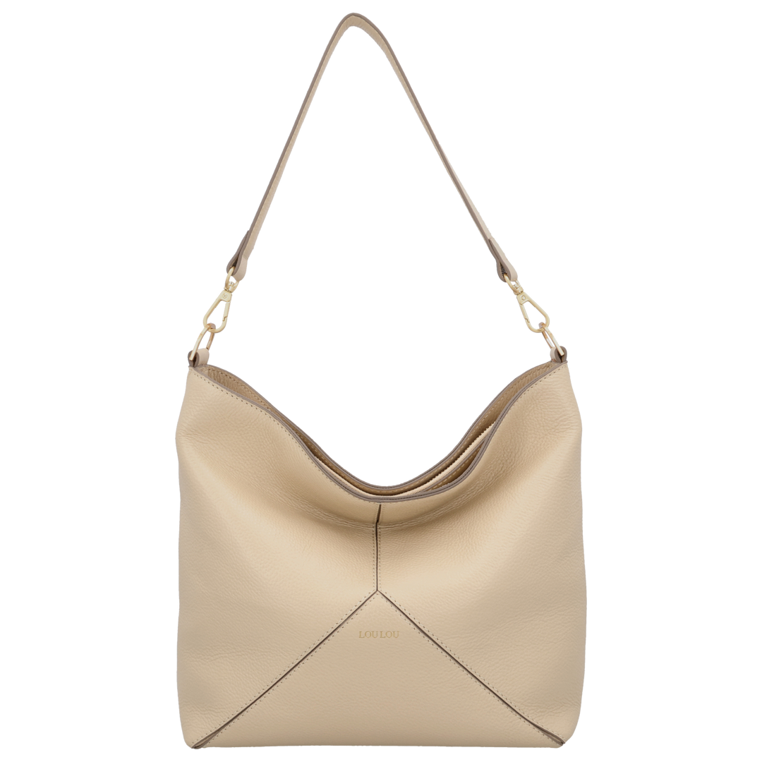 Voorkant van de LouLou Sabine beige leren shopper #kleur_beige