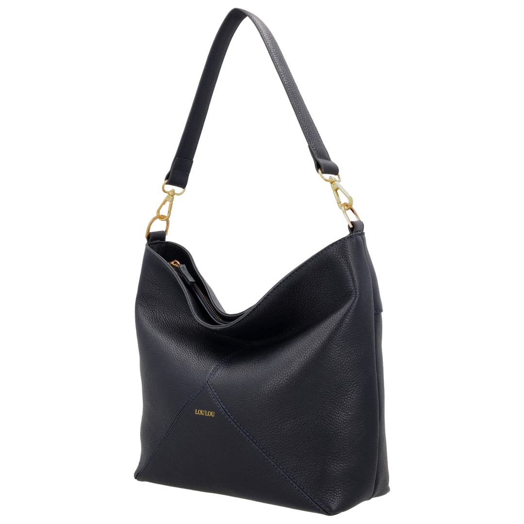 Voorzijde van de LouLou Sabine navy leren shopper #kleur_navy