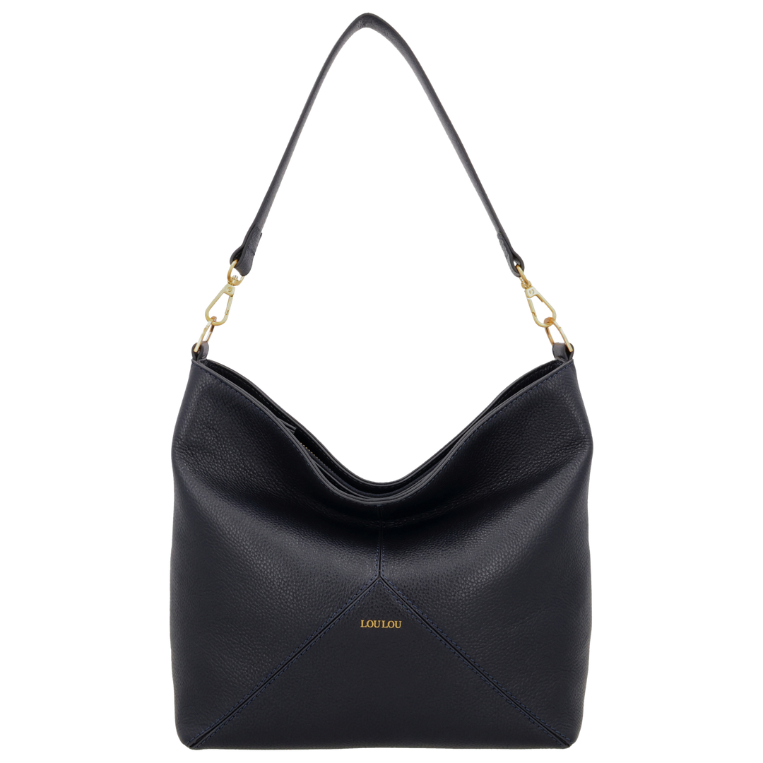 Voorkant van de LouLou Sabine navy leren shopper #kleur_navy