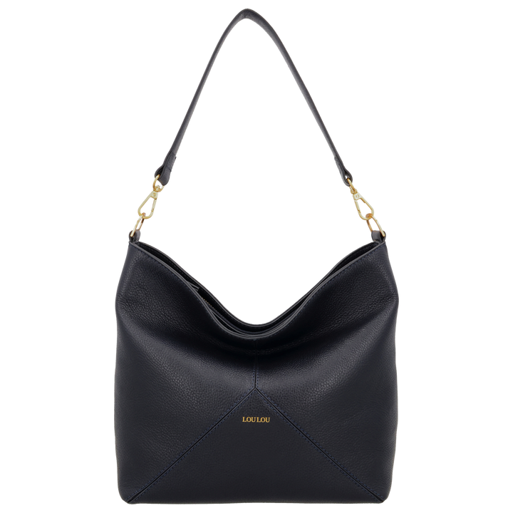 Voorkant van de LouLou Sabine navy leren shopper #kleur_navy