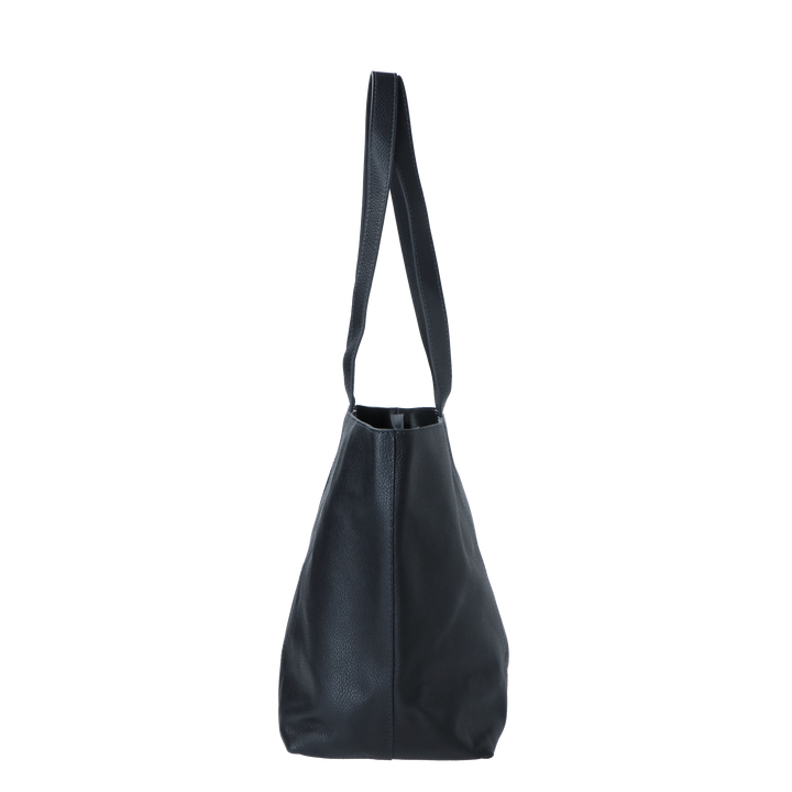 Zijkant van de LouLou navy Valerie leren shopper #kleur_navy