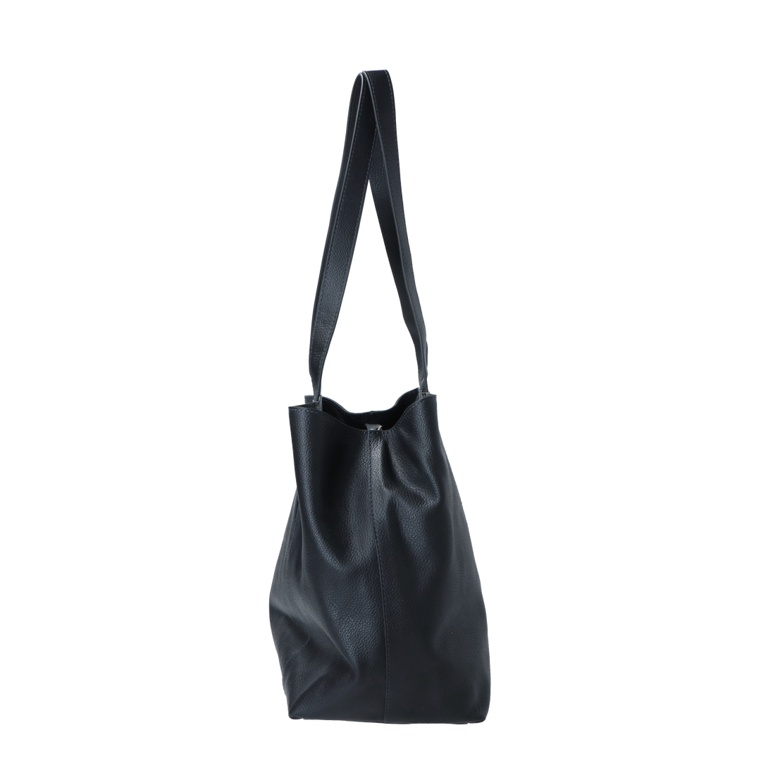 Zijkant van de LouLou navy Valerie leren shopper #kleur_navy