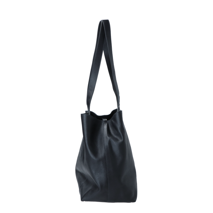 Zijkant van de LouLou navy Valerie leren shopper #kleur_navy