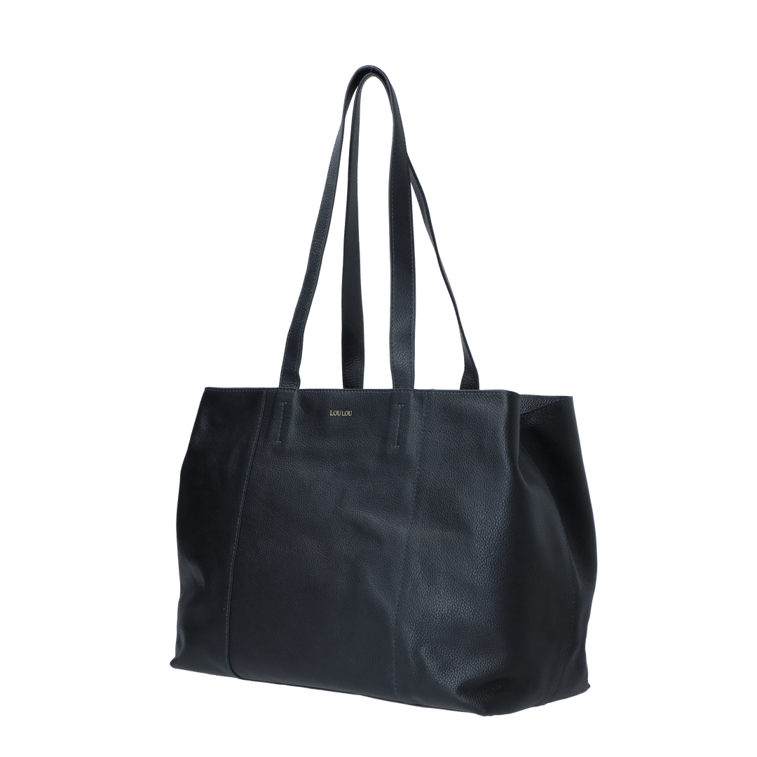 Voorzijde van de LouLou navy Valerie leren shopper #kleur_navy