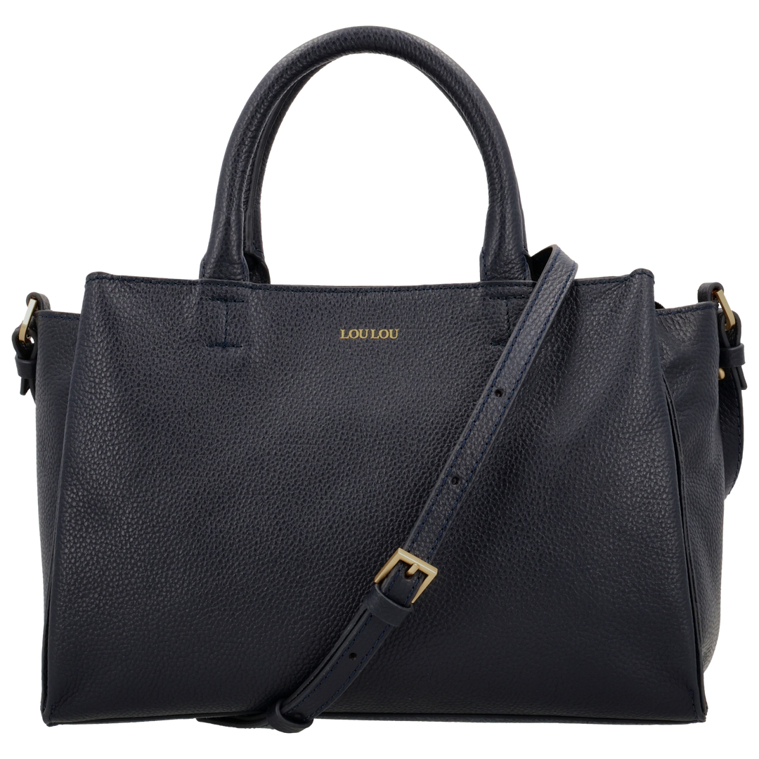 Voorkant van de LouLou Vera Navy leren handtas #kleur_navy