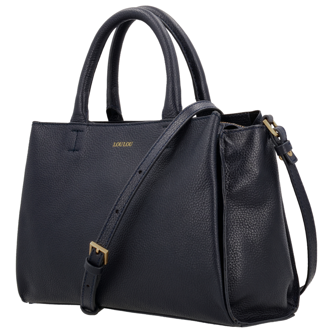 Voorzijde  van de LouLou Vera Navy leren handtas #kleur_navy