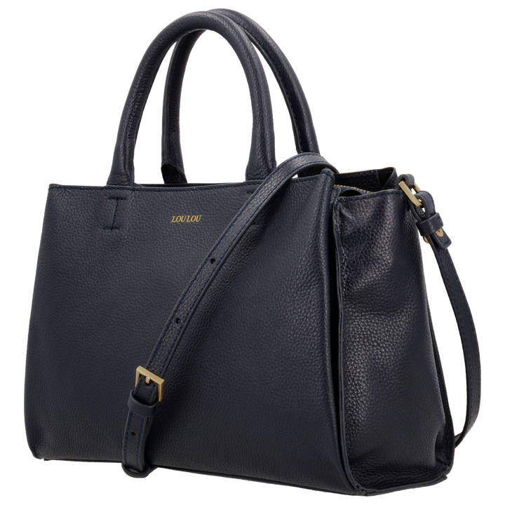 Voorzijde  van de LouLou Vera Navy leren handtas #kleur_navy