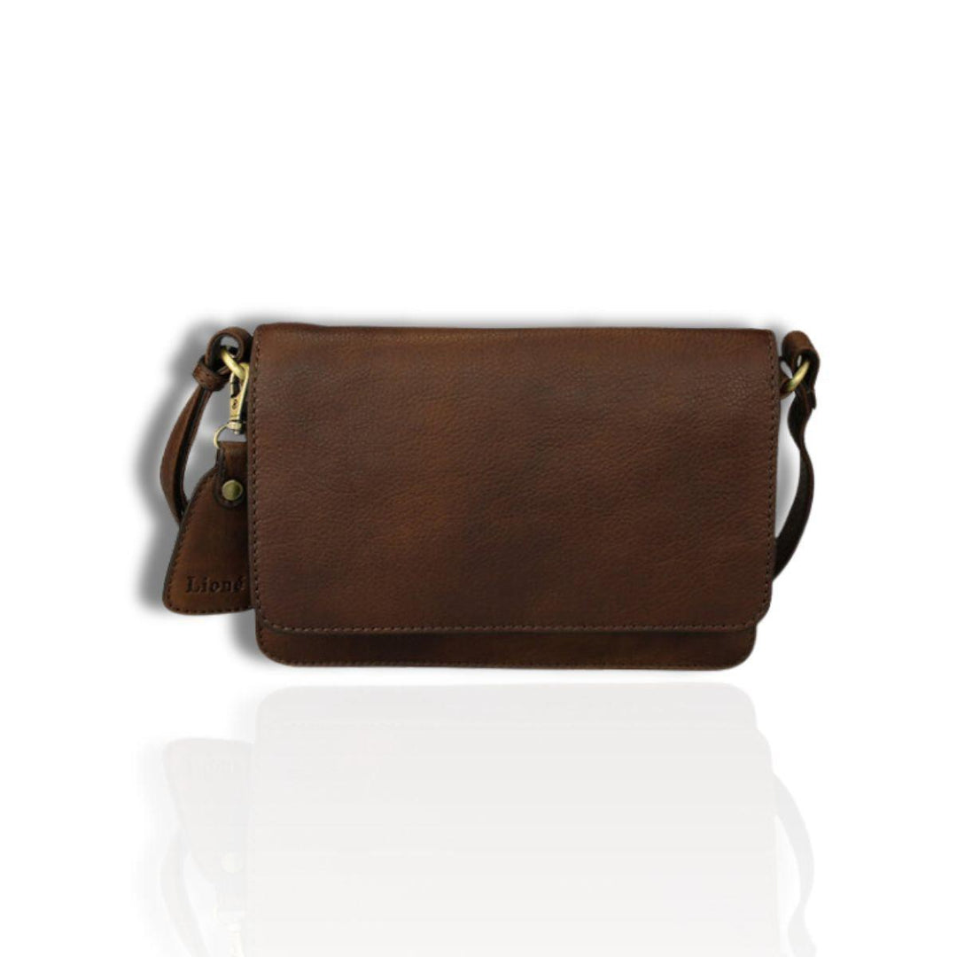 Voorkant Lione Alice leren schoudertas donkerbruin #kleur_donkerbruin