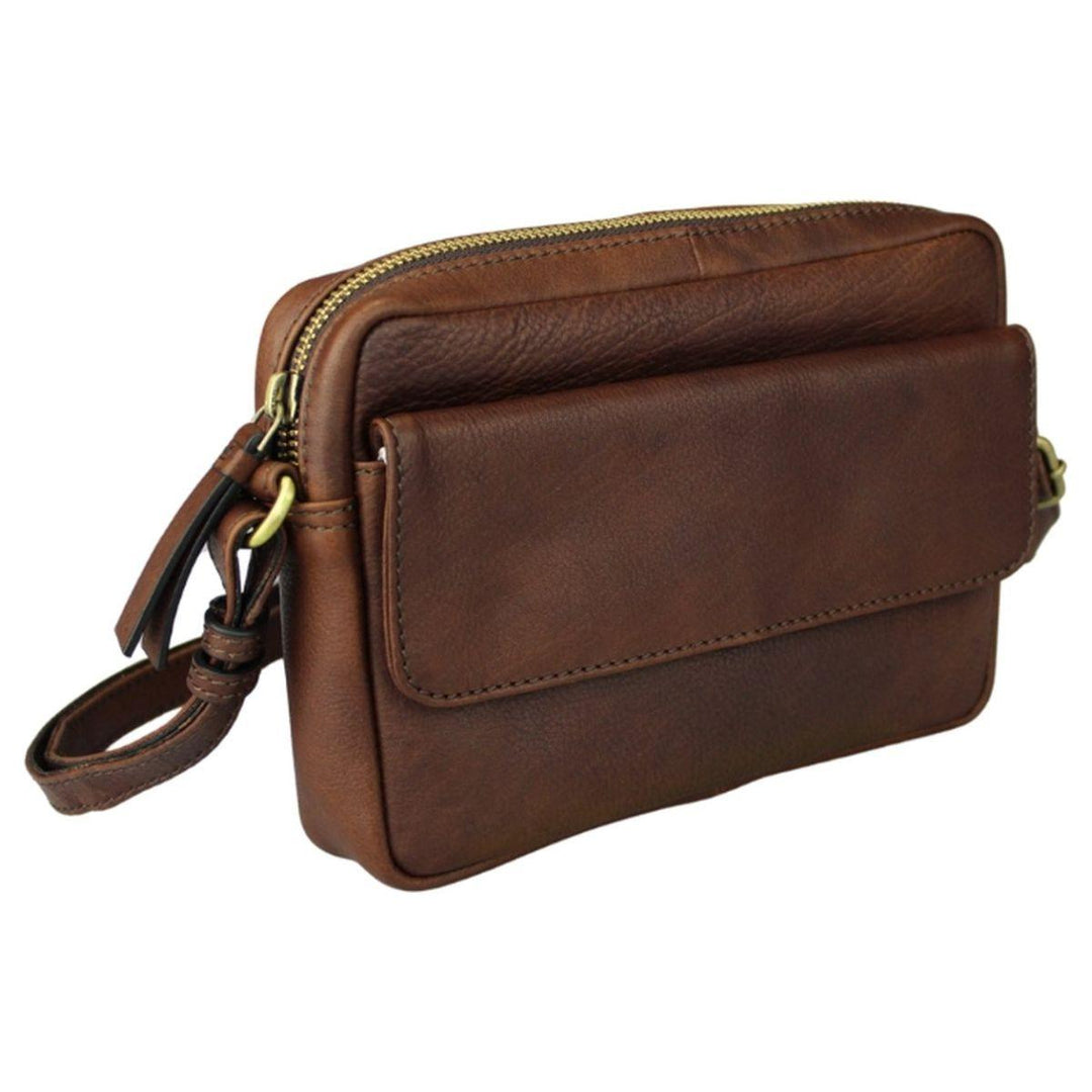 Voorzijde Lioné Sara leren crossbodytas donkerbruin #kleur_donkerbruin