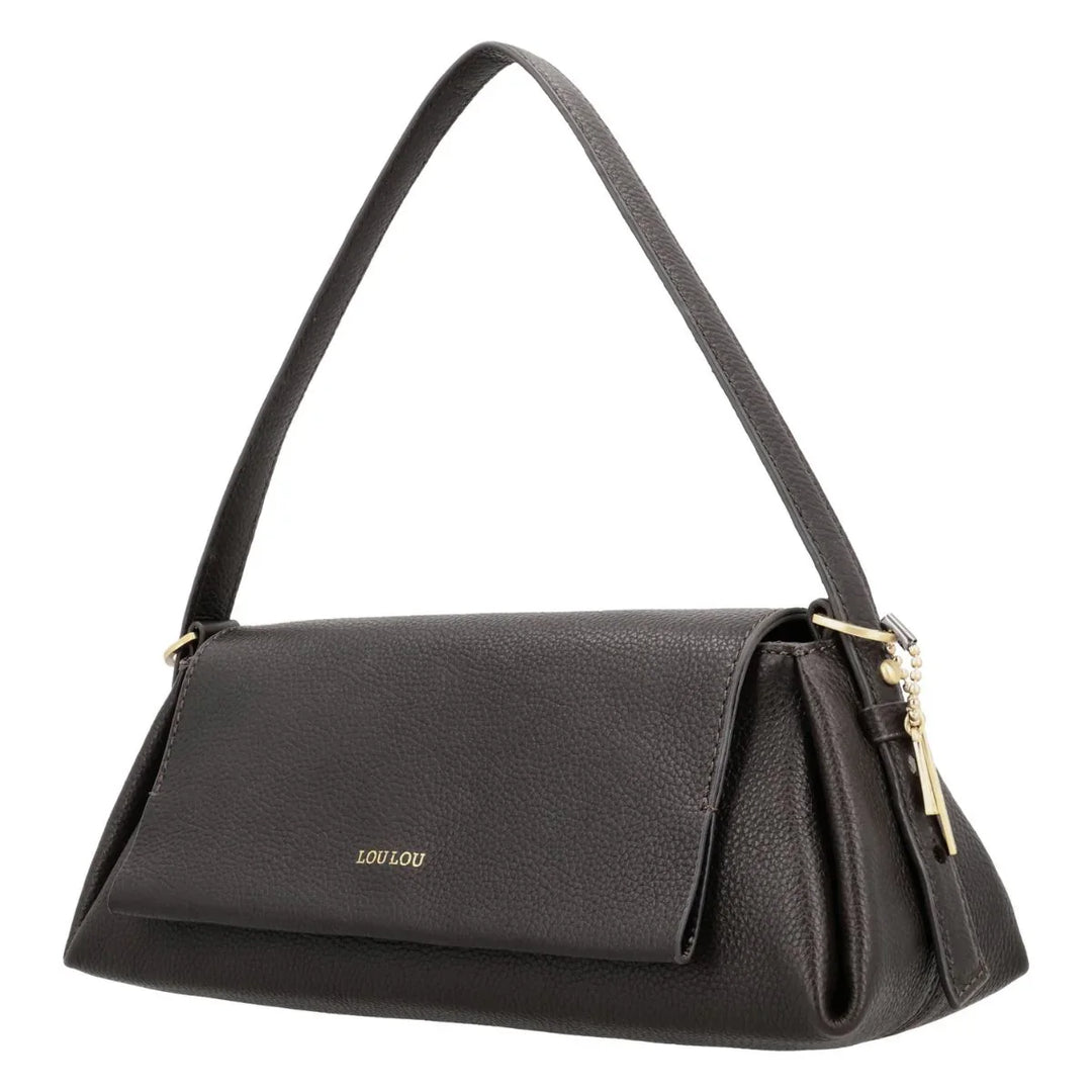 Voorzijde van de LouLou Isa leren schoudertas chocolade #kleur_chocolade