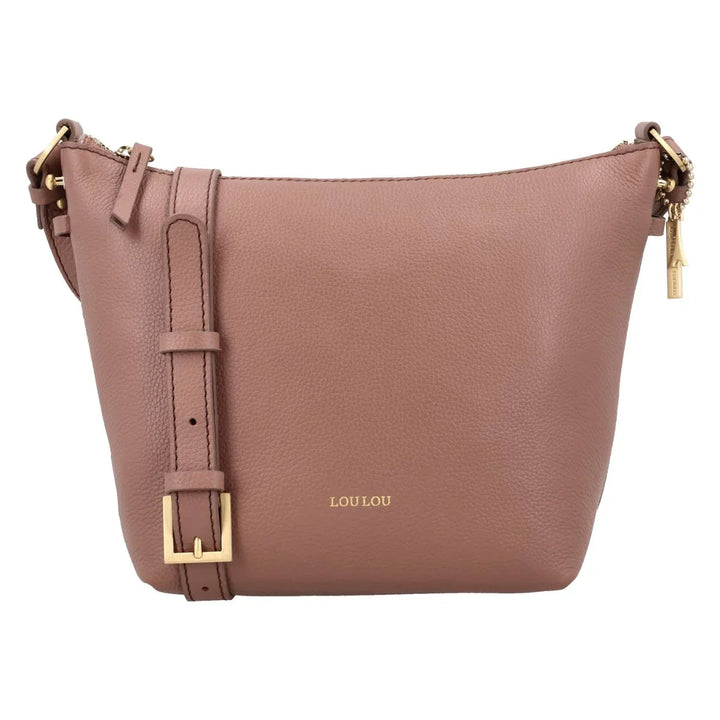 Voorkant van de Lou Lou Lois leren schoudertas mocha mouse met lange schouderriem #kleur_mocha-mousse