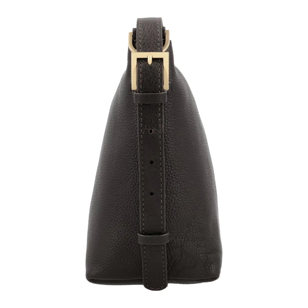 Zijkant van de Lou Lou Lois leren schoudertas chocolade #kleur_chocolade