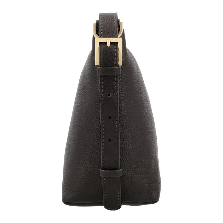 Zijkant van de Lou Lou Lois leren schoudertas chocolade #kleur_chocolade